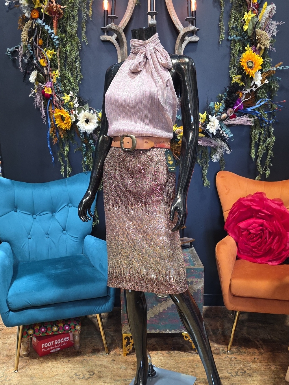 Skies Are Blue Sequin Rose Gold Pencil Skirt